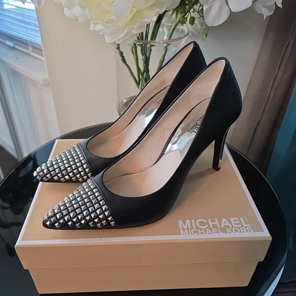 Michael Kors Women's Leather Black Studded Toe Show Stopper Stilettos - Picture 6 of 7